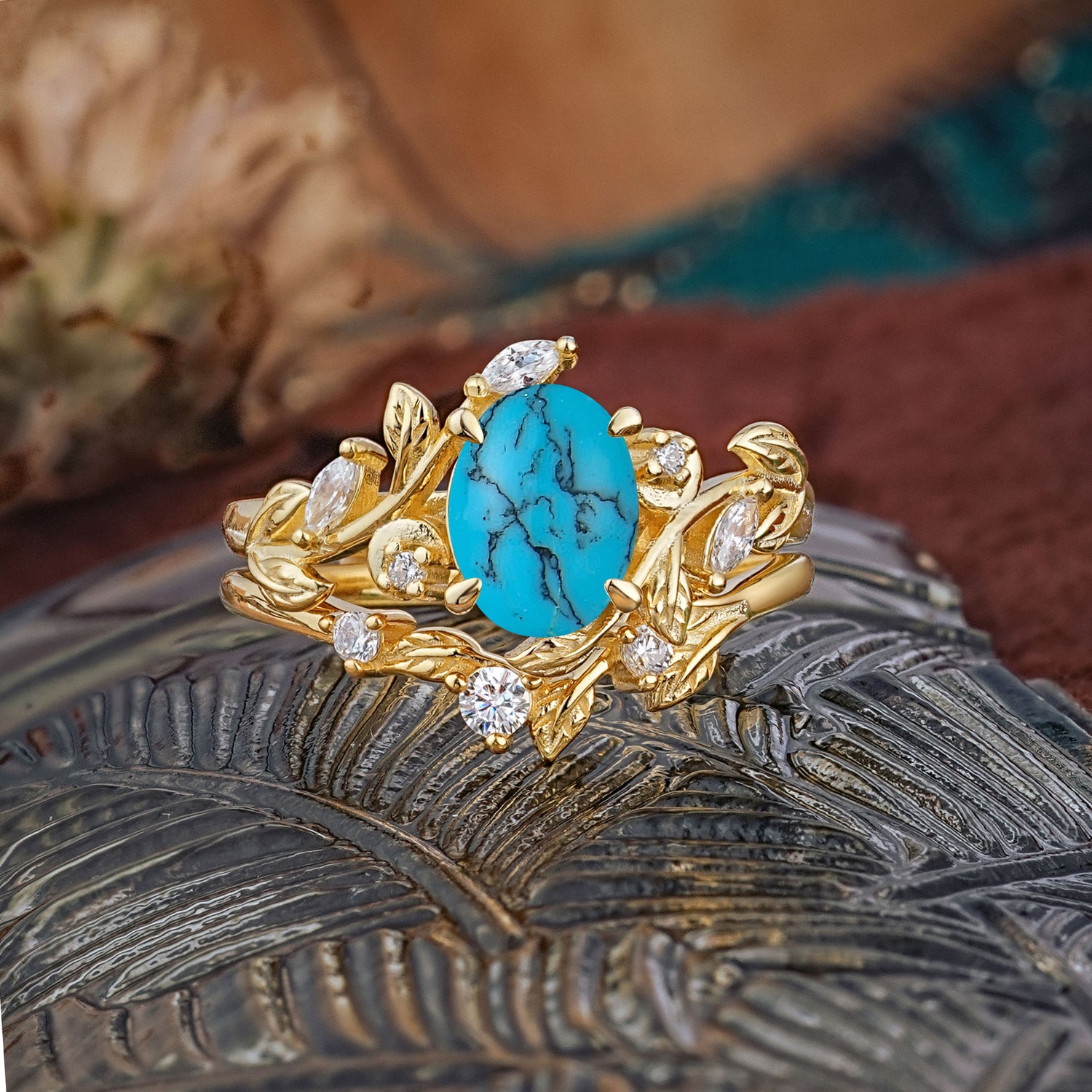 1.15 CT Delicate Leaf Accented 4 Prong Oval Shaped Turquoise Bridal Ring Set