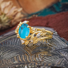 1.15 CT Delicate Leaf Accented 4 Prong Oval Shaped Turquoise Ring Sets