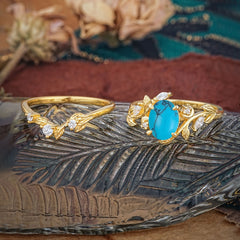 1.15 CT Delicate Leaf Accented 4 Prong Oval Shaped Turquoise Ring Sets