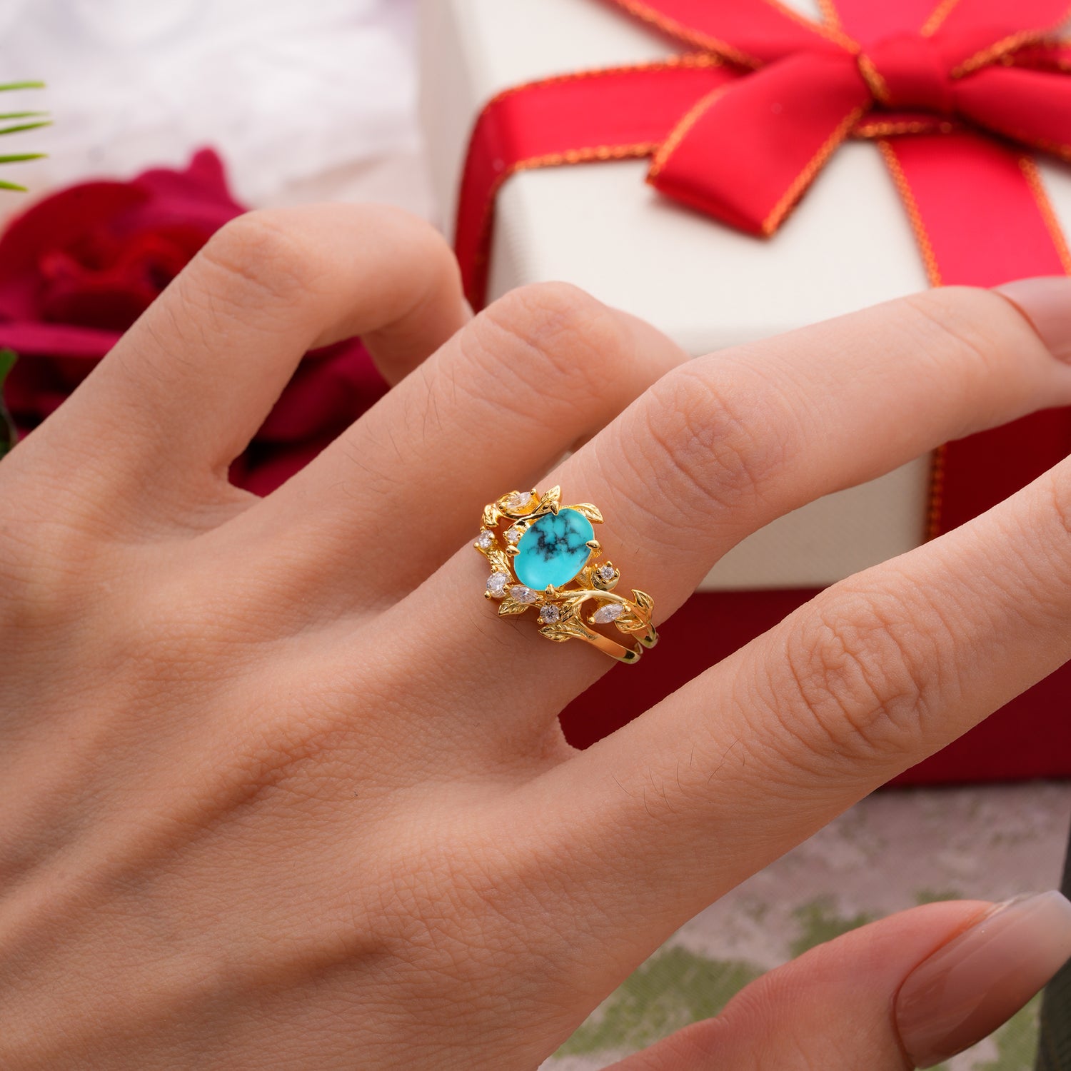 1.15 CT Delicate Leaf Accented 4 Prong Oval Shaped Turquoise Bridal Ring Set