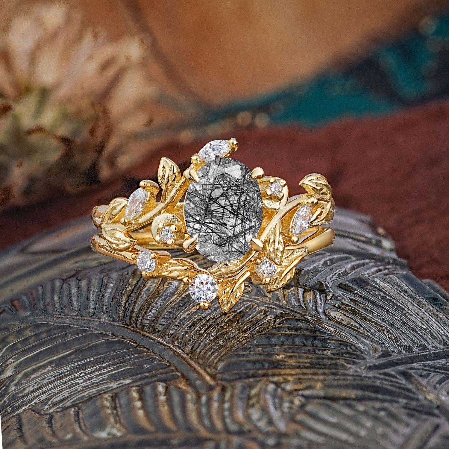 1.15 CT Delicate Leaf Accented 4 Prong Oval Shaped Black Rutilated Quartz Bridal Ring Set