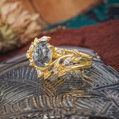 1.15 CT Delicate Leaf Accented 4 Prong Oval Shaped Black Rutilated Quartz Ring Sets