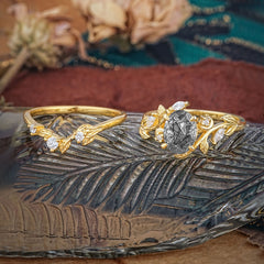 1.15 CT Delicate Leaf Accented 4 Prong Oval Shaped Black Rutilated Quartz Ring Sets