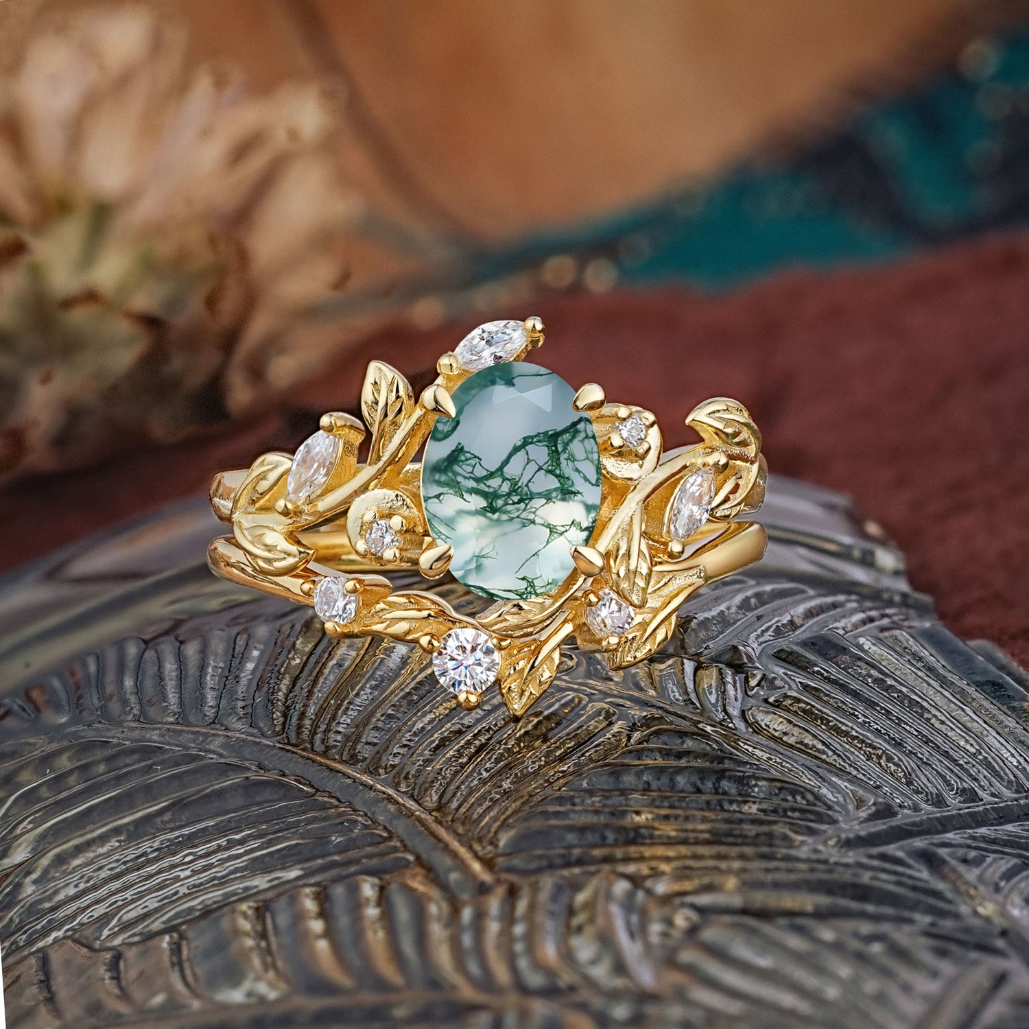 1.15 CT Delicate Leaf Accented 4 Prong Oval Shaped Natural Moss Agate Bridal Ring Set