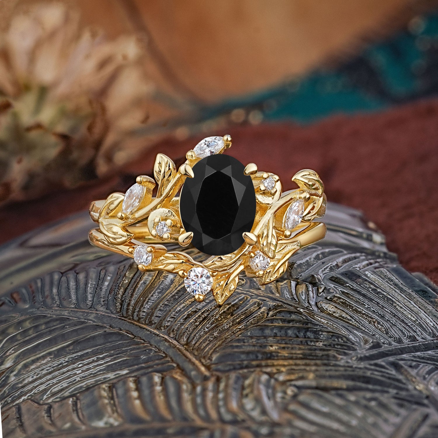 1.15 CT Delicate Leaf Accented 4 Prong Oval Shaped Black Onyx Bridal Ring Set