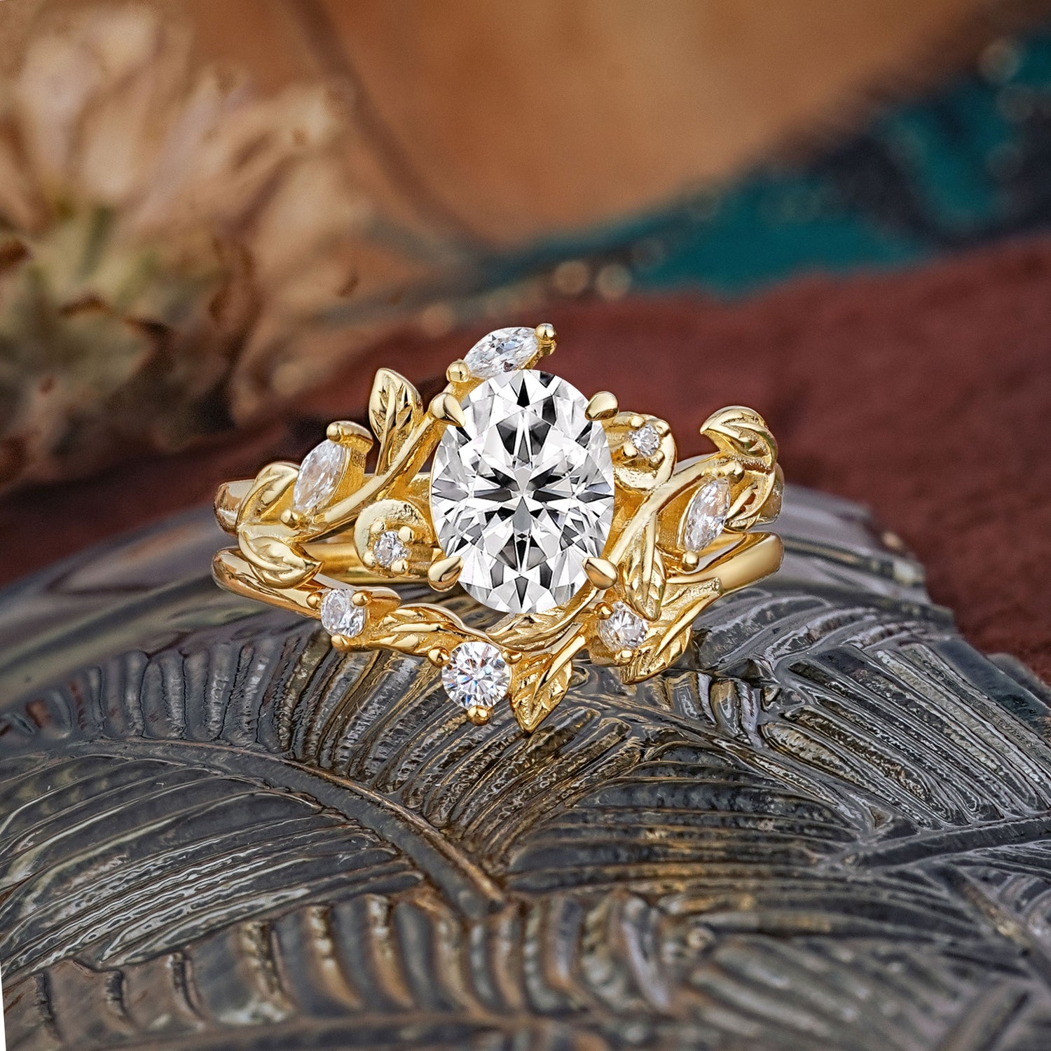 1.15 CT Delicate Leaf Accented 4 Prong Oval Shaped Lab Diamond Bridal Ring Set