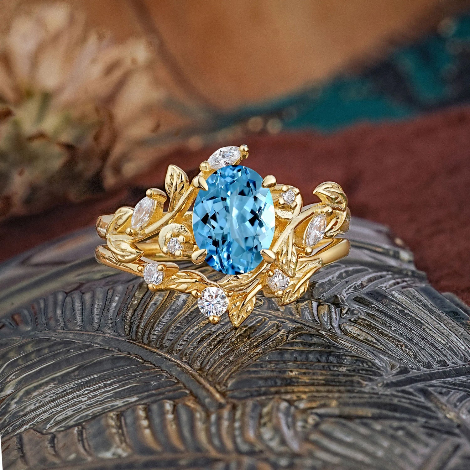 1.15 CT Delicate Leaf Accented 4 Prong Oval Shaped Aquamarine Bridal Ring Set