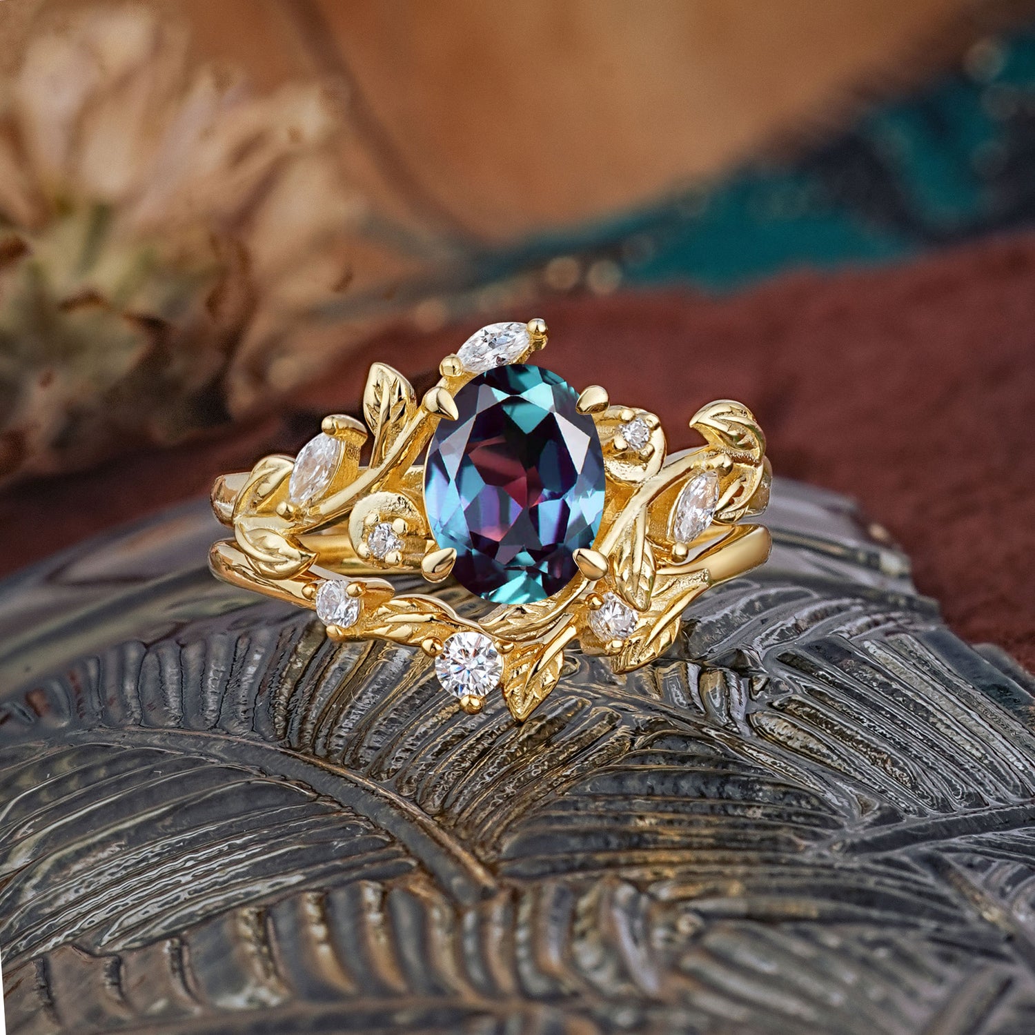 1.15 CT Delicate Leaf Accented 4 Prong Oval Shaped Alexandrite Bridal Ring Set