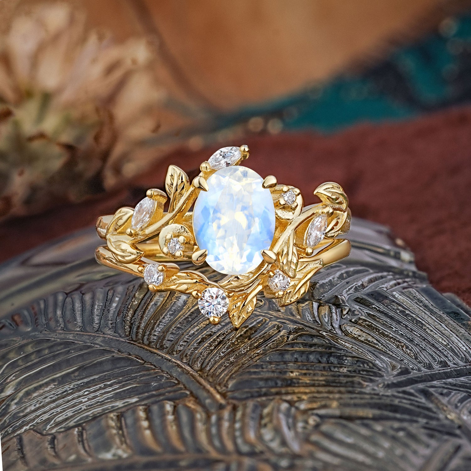 1.15 CT Delicate Leaf Accented 4 Prong Oval Shaped Moonstone Bridal Ring Set