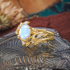1.15 CT Delicate Leaf Accented 4 Prong Oval Shaped Moonstone Ring Sets