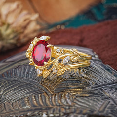 1.15 CT Delicate Leaf Accented 4 Prong Oval Shaped Ruby Ring Sets