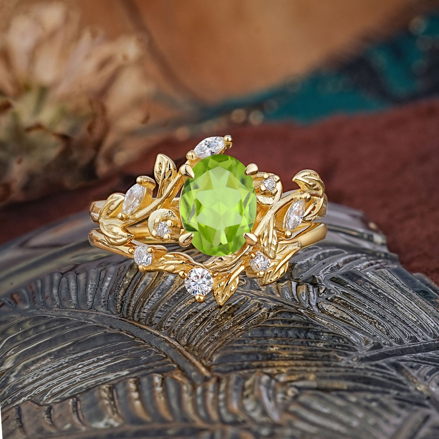 1.15 CT Delicate Leaf Accented 4 Prong Oval Shaped Peridot Bridal Ring Set