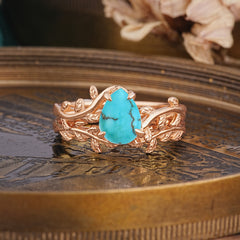 Artistic Vine Themed 4 - Prong Pear Cut Turquoise Stackable Rings
