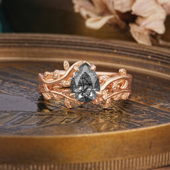 Artistic Vine  Themed 4 - Prong Pear Cut Black Rutilated Quartz Stackable Rings