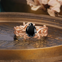 Artistic Vine  Themed 4 - Prong Pear Cut Black Onyx Stackable Rings
