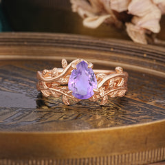 Artistic Vine  Themed 4 - Prong Pear Cut Amethyst Stackable Rings