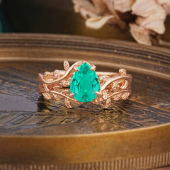 Artistic Vine Themed 4 - Prong Pear Cut Emerald Stackable Rings