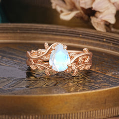 Artistic Vine  Themed 4 - Prong Pear Cut Moonstone Stackable Rings
