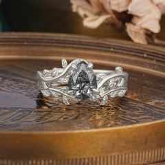 Artistic Vine  Themed 4 - Prong Pear Cut Black Rutilated Quartz Stackable Rings