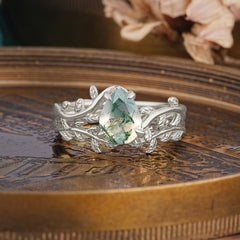 Artistic Vine Themed 4 - Prong Pear Cut Natural Moss Agate Stackable Rings