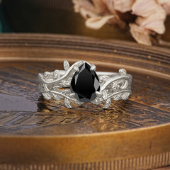 Artistic Vine  Themed 4 - Prong Pear Cut Black Onyx Stackable Rings