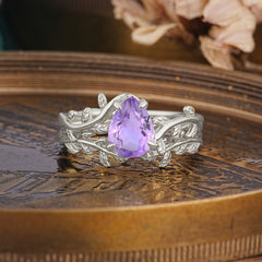 Artistic Vine  Themed 4 - Prong Pear Cut Amethyst Stackable Rings