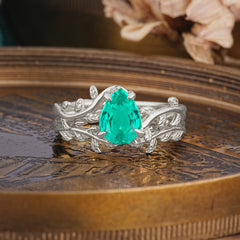Artistic Vine Themed 4 - Prong Pear Cut Emerald Stackable Rings
