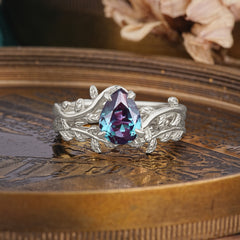 Artistic Vine Themed 4 - Prong Pear Cut Alexandrite Stackable Rings