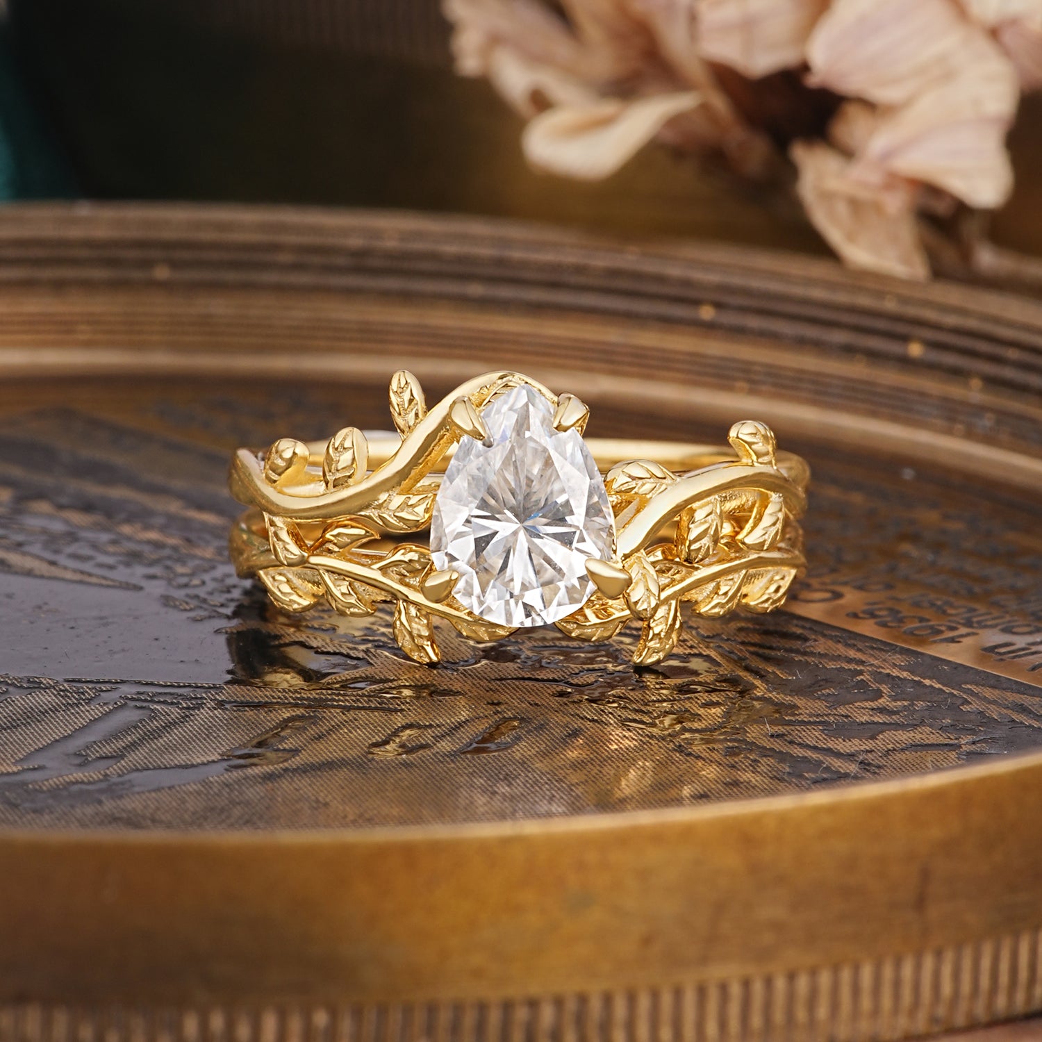 Artistic Vine  Themed 4 - Prong Pear Cut Moissanite Bridal Ring Set