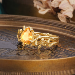 Artistic Vine  Themed 4 - Prong Pear Cut Citrine Stackable Rings