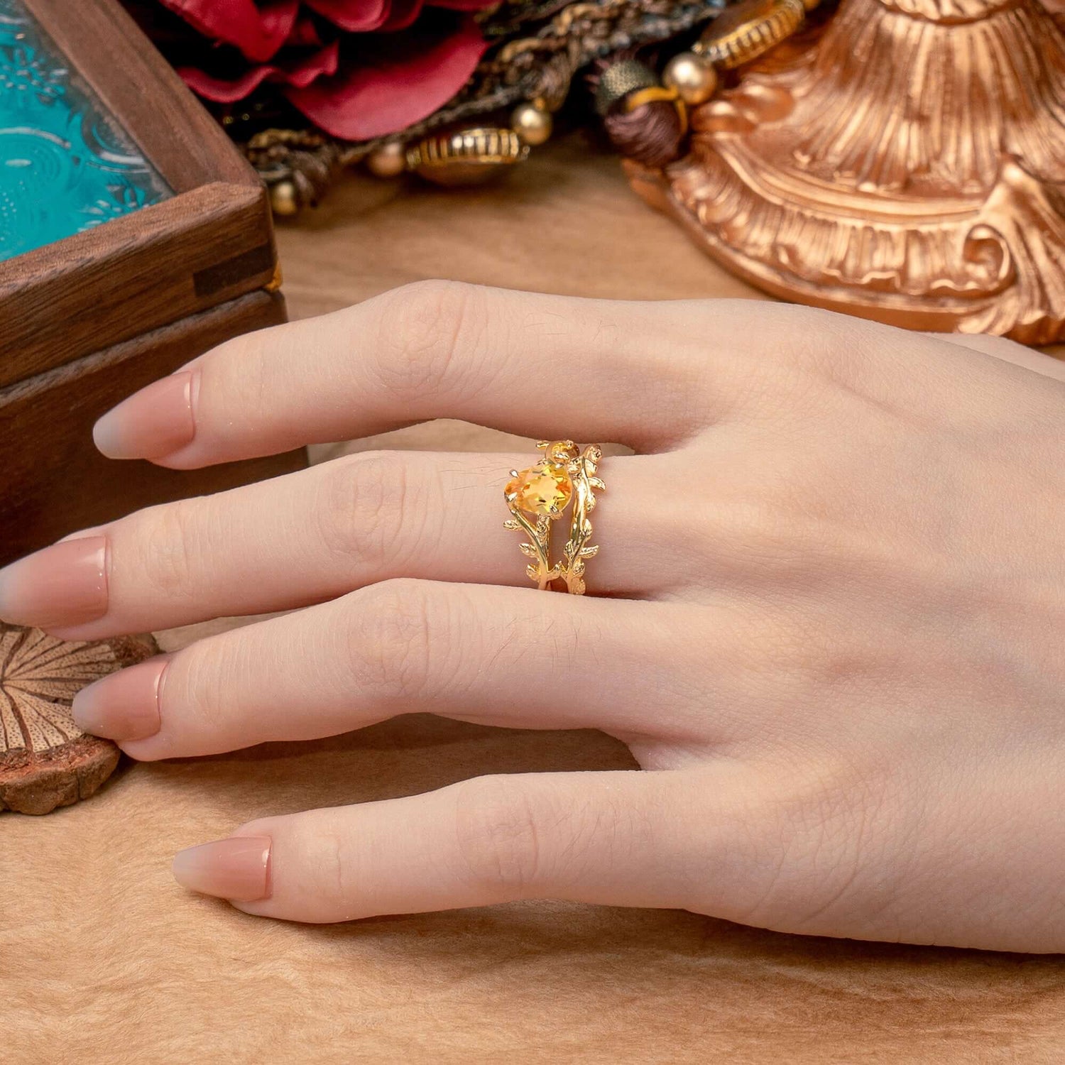 Artistic Vine  Themed 4 - Prong Pear Cut Citrine Bridal Ring Set