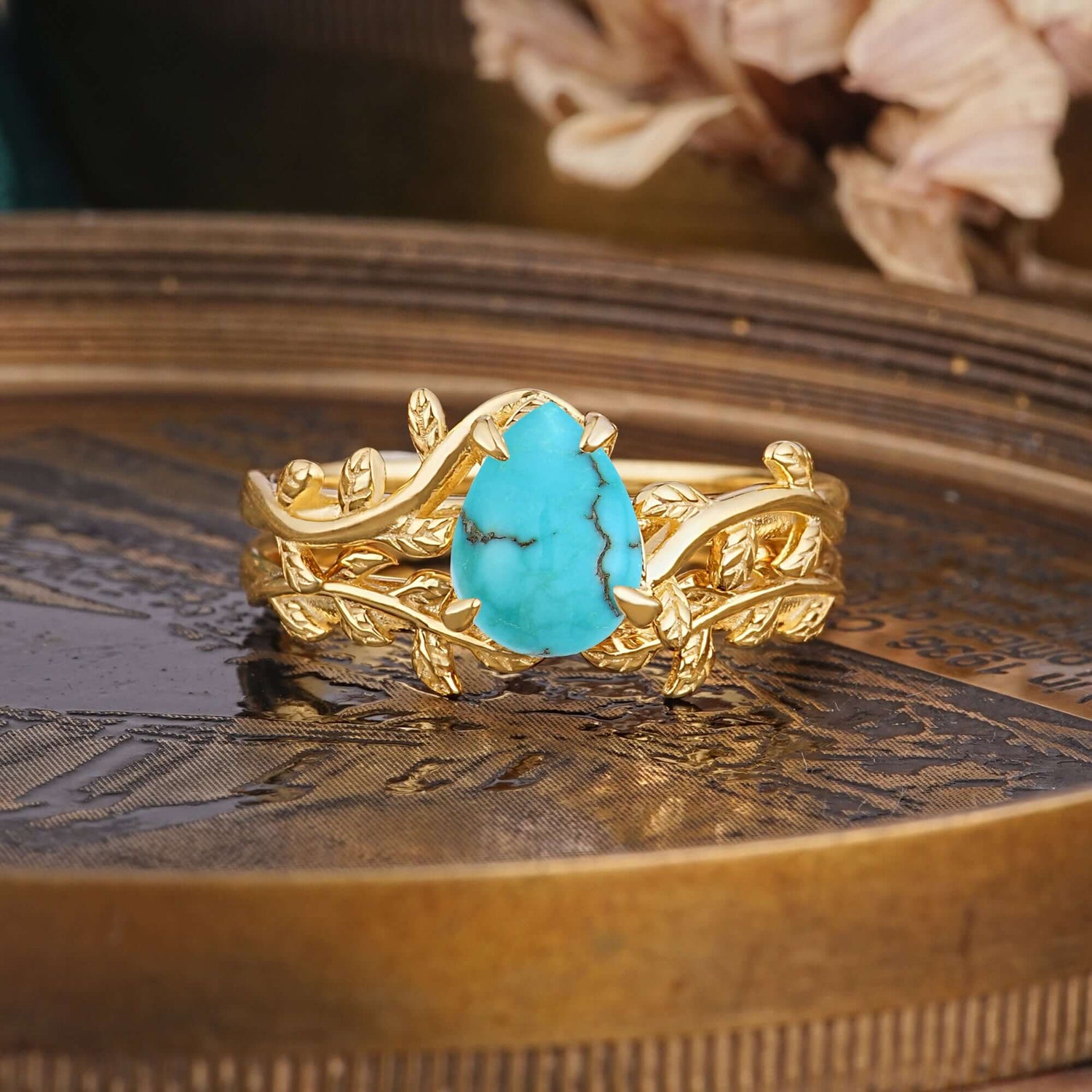 Artistic Vine Themed 4 - Prong Pear Cut Turquoise Bridal Ring Set