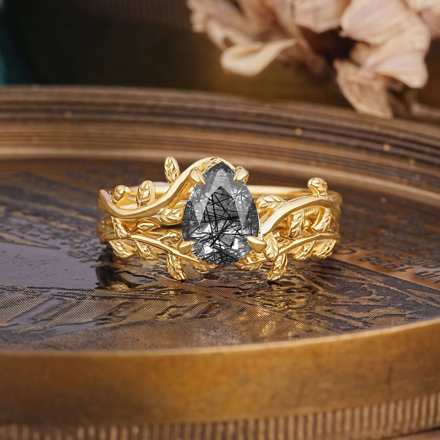 Artistic Vine  Themed 4 - Prong Pear Cut Black Rutilated Quartz Bridal Ring Set