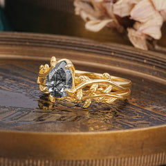 Artistic Vine  Themed 4 - Prong Pear Cut Black Rutilated Quartz Stackable Rings