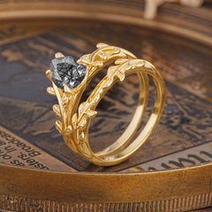 Artistic Vine  Themed 4 - Prong Pear Cut Black Rutilated Quartz Stackable Rings