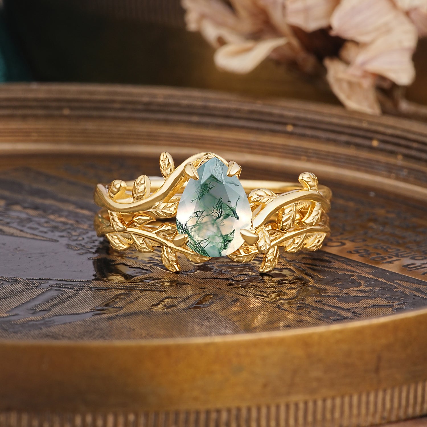 Artistic Vine Themed 4 - Prong Pear Cut Natural Moss Agate Bridal Ring Set