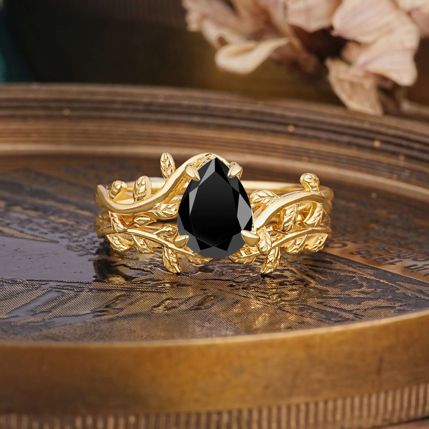 Artistic Vine  Themed 4 - Prong Pear Cut Black Onyx Bridal Ring Set