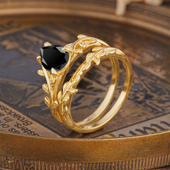 Artistic Vine  Themed 4 - Prong Pear Cut Black Onyx Stackable Rings