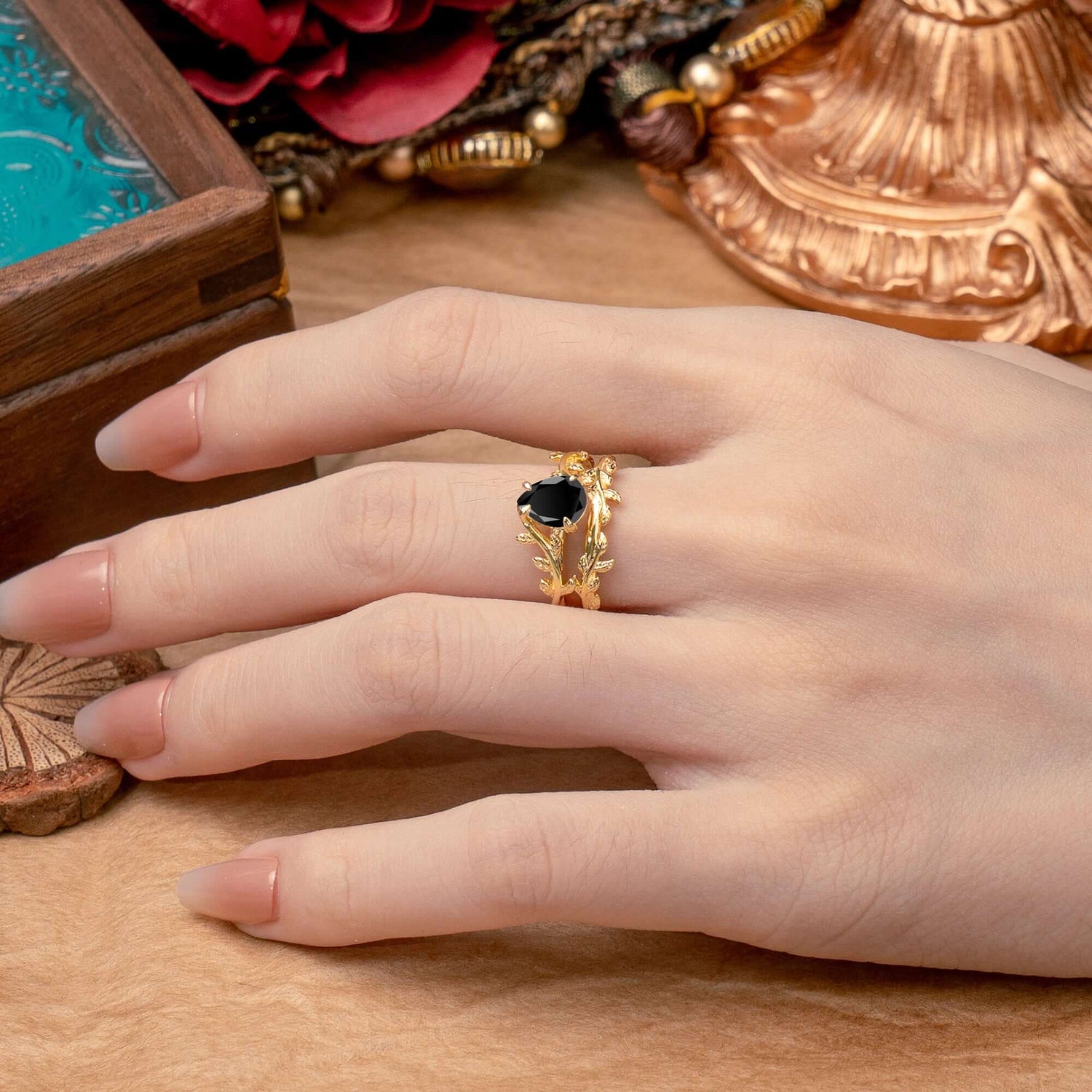 Artistic Vine  Themed 4 - Prong Pear Cut Black Onyx Bridal Ring Set