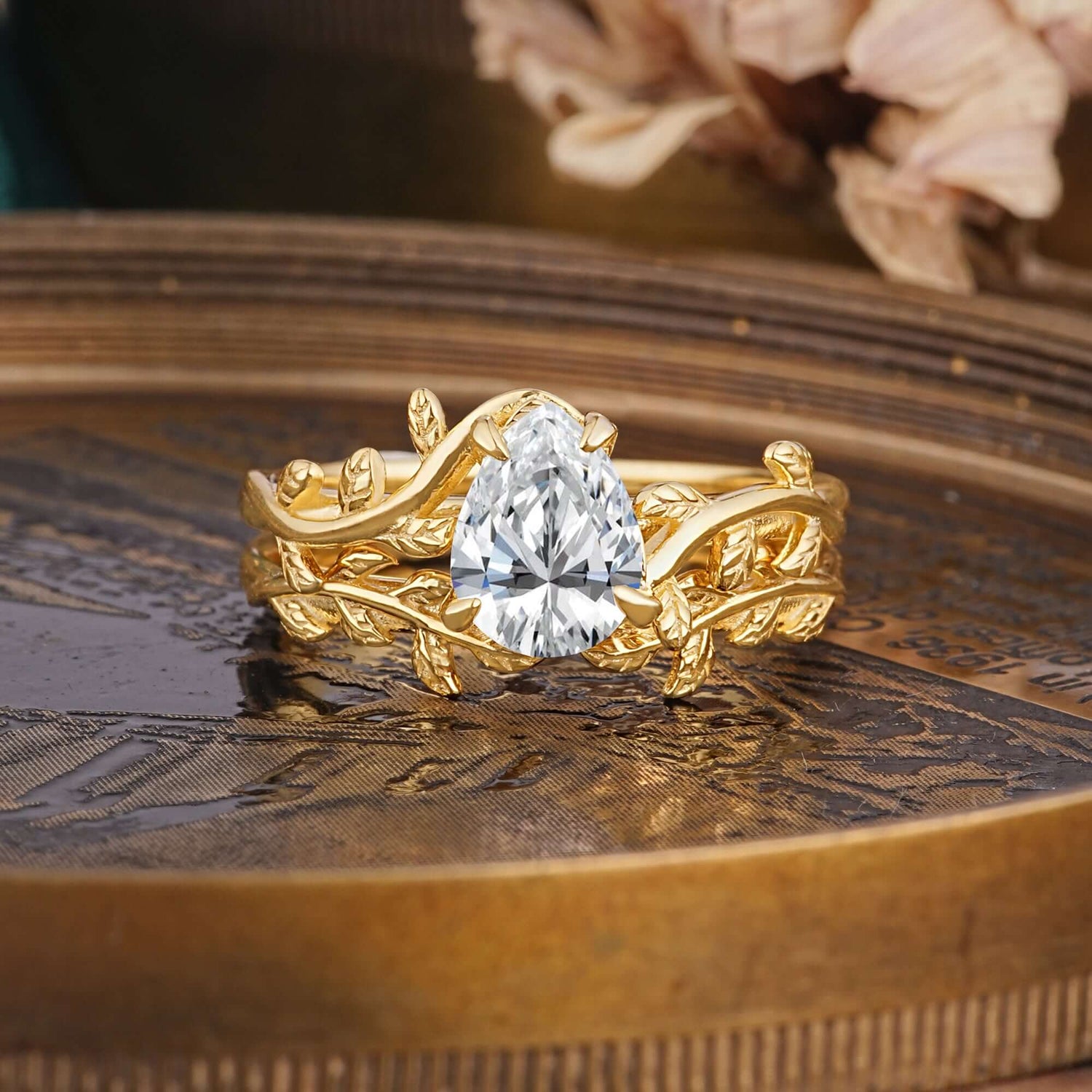 Artistic Vine  Themed 4 - Prong Pear Cut  Lab Diamond Bridal Ring Set