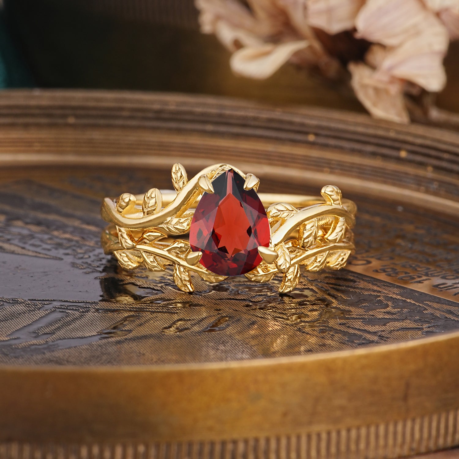 Artistic Vine  Themed 4 - Prong Pear Cut Garnet Bridal Ring Set