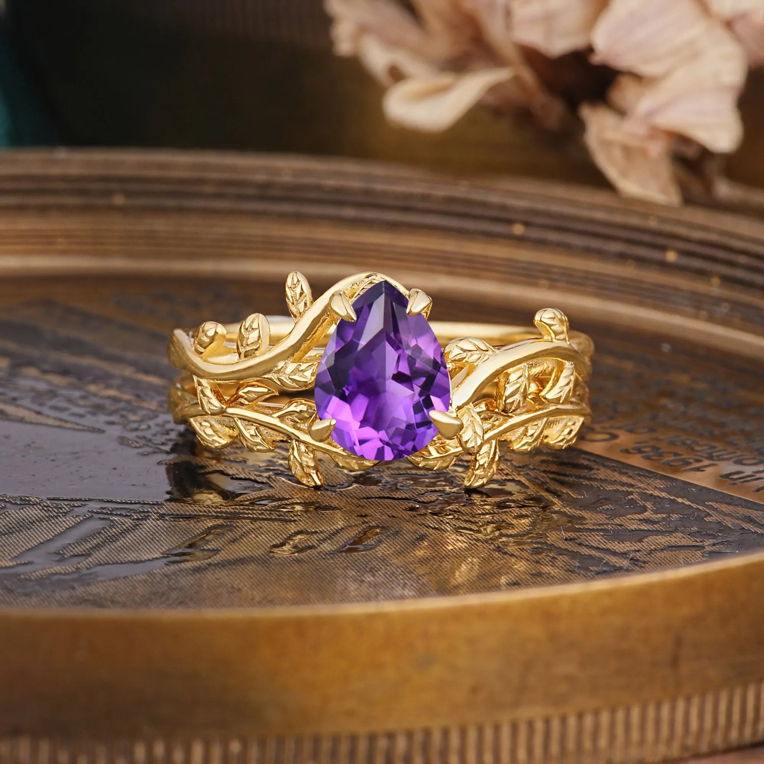 Artistic Vine  Themed 4 - Prong Pear Cut Amethyst Bridal Ring Set