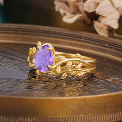 Artistic Vine  Themed 4 - Prong Pear Cut Amethyst Stackable Rings