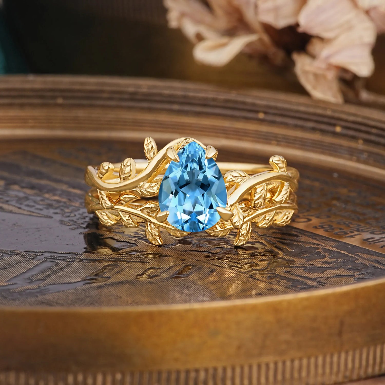 Artistic Vine Themed 4 - Prong Pear Cut Aquamarine Bridal Ring Set