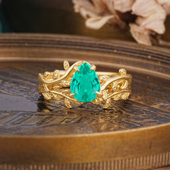 Artistic Vine Themed 4 - Prong Pear Cut Emerald Stackable Rings