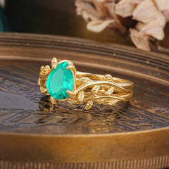 Artistic Vine Themed 4 - Prong Pear Cut Emerald Stackable Rings