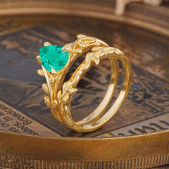 Artistic Vine Themed 4 - Prong Pear Cut Emerald Stackable Rings