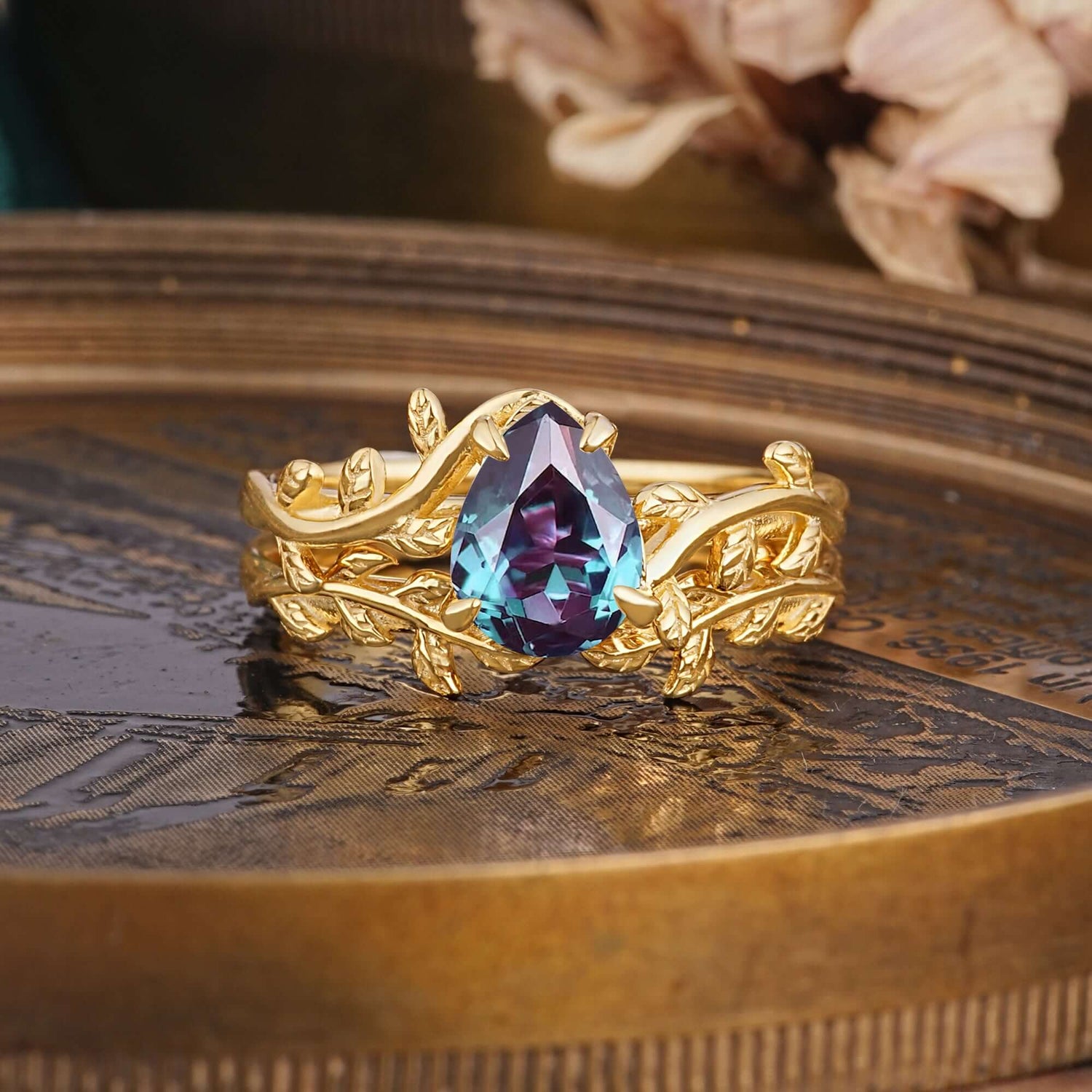 Artistic Vine Themed 4 - Prong Pear Cut Alexandrite Bridal Ring Set
