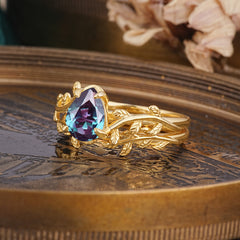 Artistic Vine Themed 4 - Prong Pear Cut Alexandrite Stackable Rings