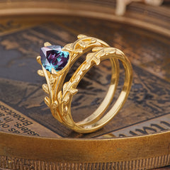 Artistic Vine Themed 4 - Prong Pear Cut Alexandrite Stackable Rings